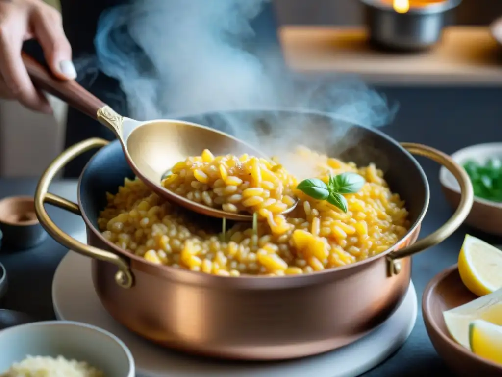 Preparando risotto alla milanese con azafrán en un cazo de cobre tradicional