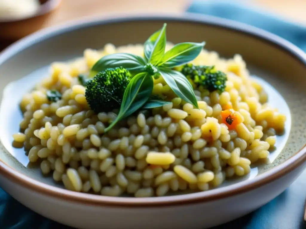 Un risotto vegano colorido y detallado en plato italiano, con capas de granos y vegetales, bañado en luz natural