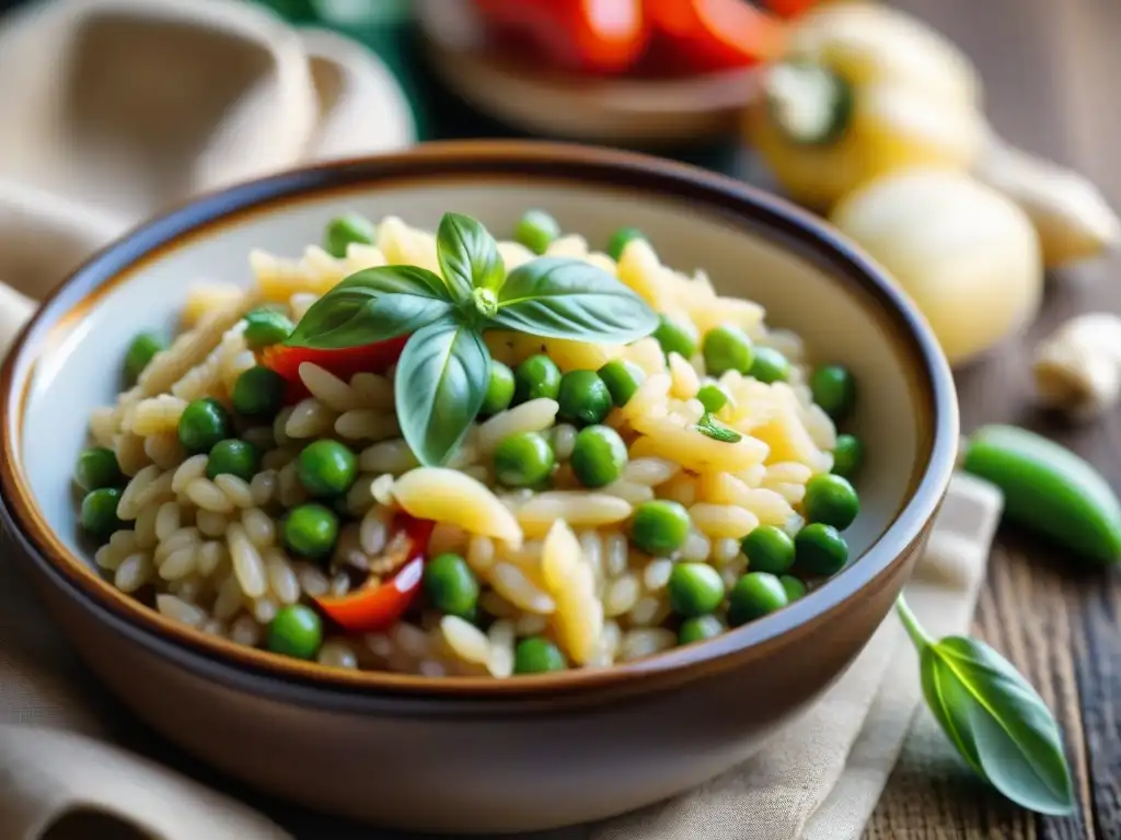 Un risotto vegetariano vibrante de la cocina del norte de Italia en un mercado bullicioso