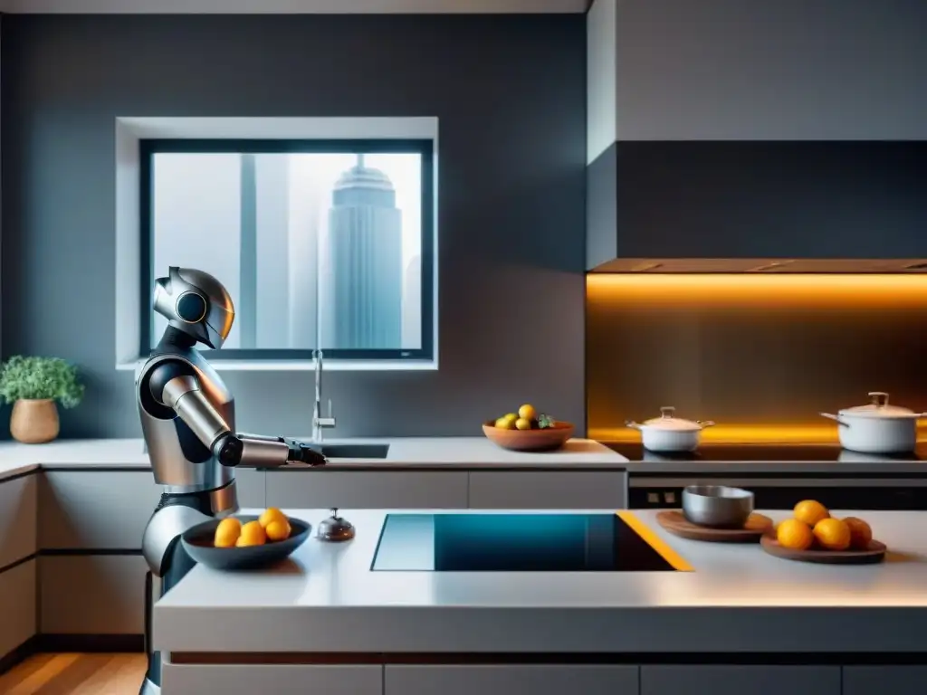 Un robot de cocina para cocina italiana prepara con elegancia en una moderna cocina italiana llena de tecnología de vanguardia