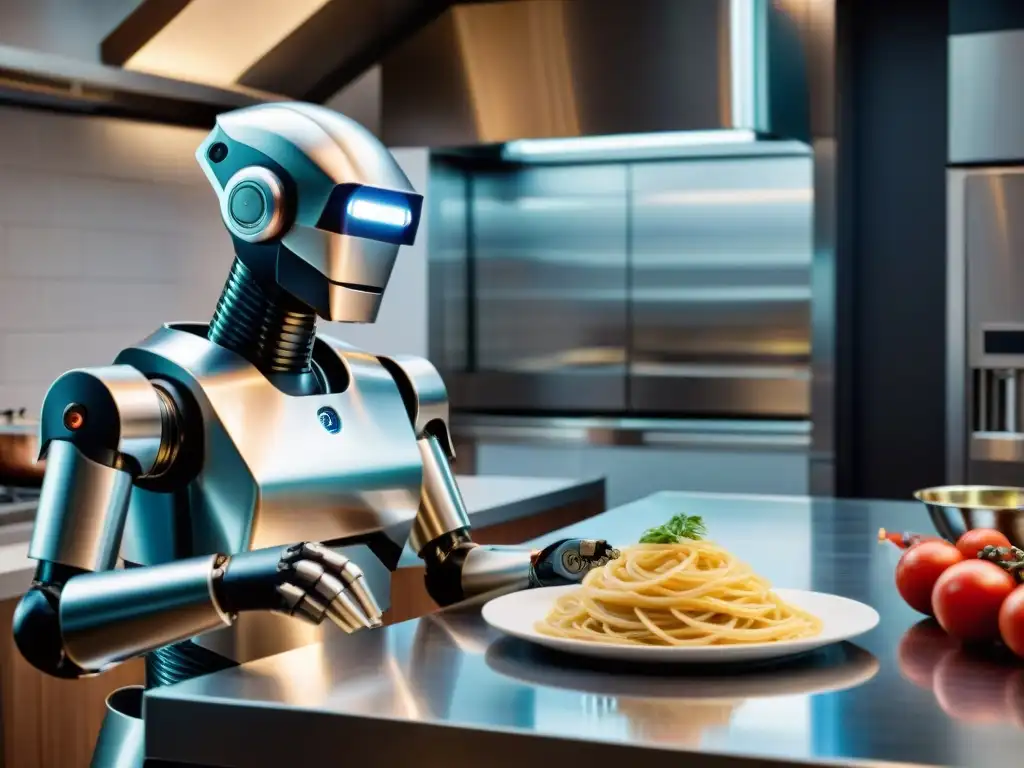 Un robot de cocina para cocina italiana de alta tecnología preparando plato tradicional, destacando su elegancia y eficiencia