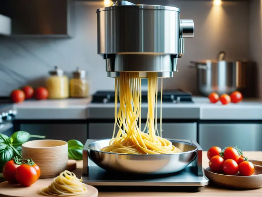 Un robot de cocina italiano de alta gama prepara pasta fresca en una moderna cocina