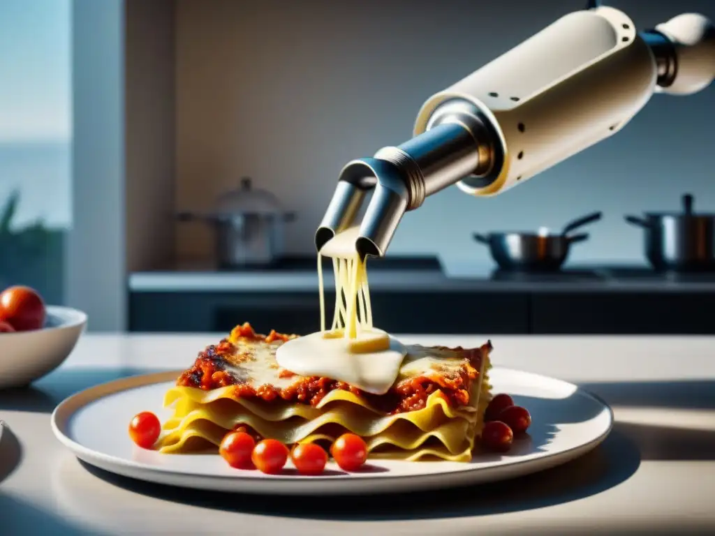 Un robot futurista ensambla una lasaña italiana en una cocina moderna