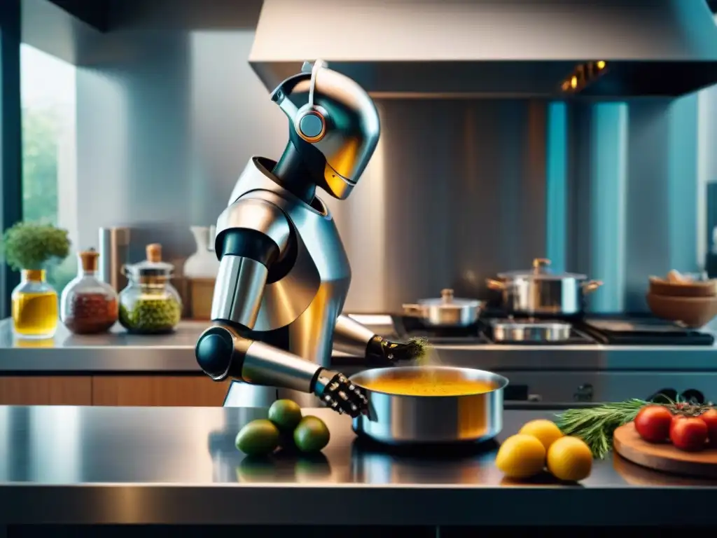 Un robot chef futurista preparando plato italiano en cocina bulliciosa