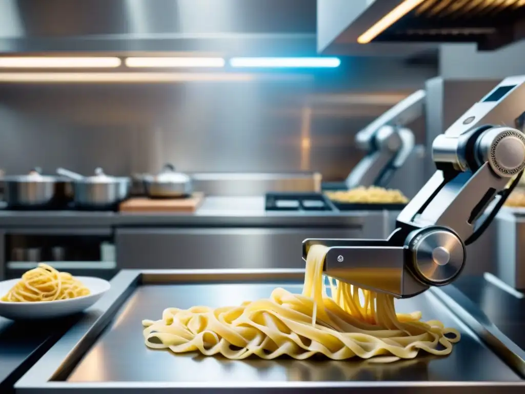 Robótica en la cocina italiana: escena futurista con robots elaborando pasta artesanal en una cocina italiana de diseño avanzado