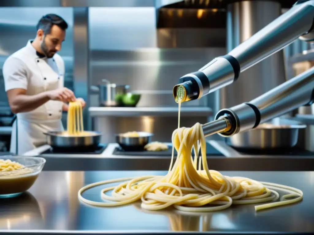 Robótica en la cocina italiana: Robot delicadamente moldeando pasta fresca en cocina bulliciosa