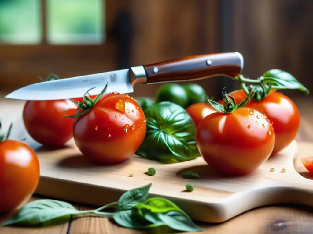 Rodajas de tomate maduro recién cortadas con agua brillante, hojas verdes de albahaca y tabla de corte de madera, en una cocina italiana