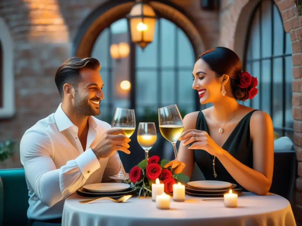 Una romántica cena a la luz de las velas en uno de los mejores restaurantes italianos, con rosas rojas y un ambiente acogedor