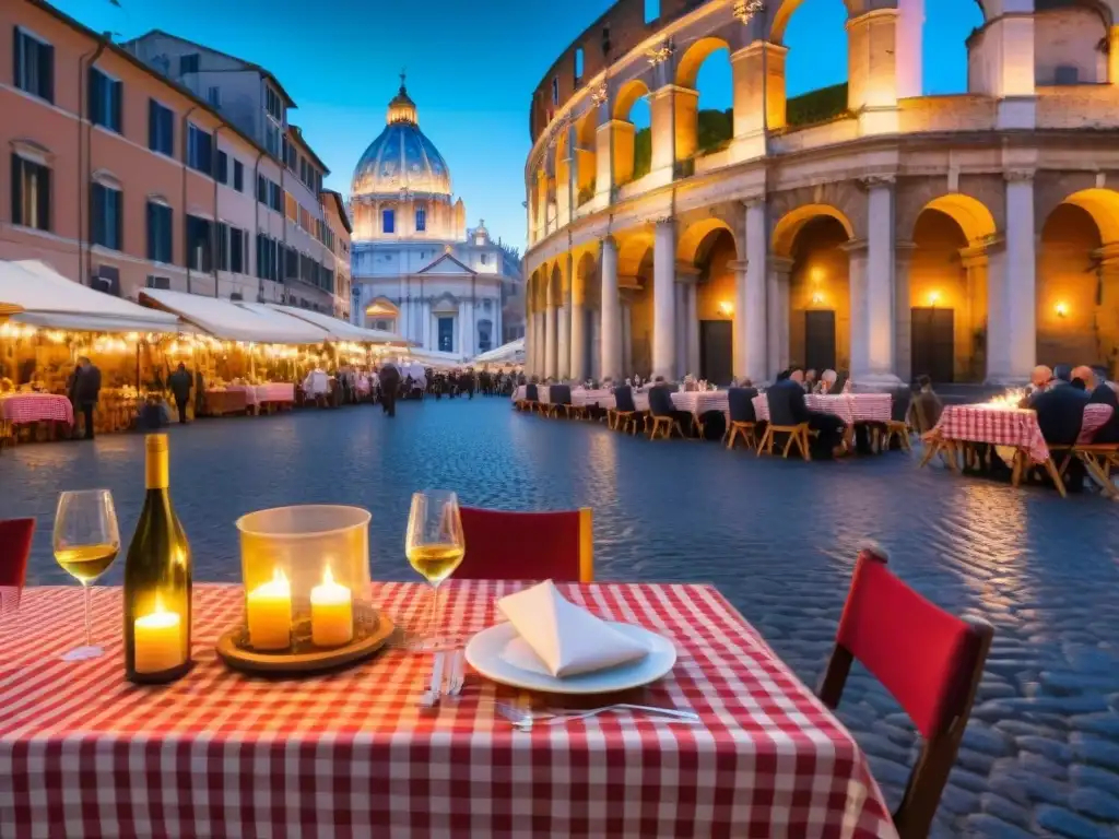 Un romántico escenario en una animada plaza italiana al anochecer, con música tradicional y una mesa lista para una cena especial