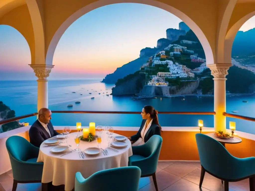 Romántico restaurante italiano con vistas a la costa al atardecer, mesas elegantes, velas y comensales disfrutando de la cena