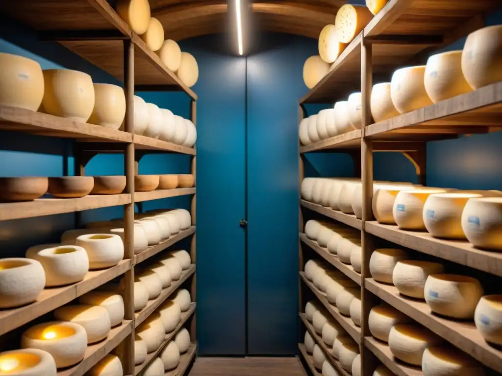 Aged wheel of Gorgonzola: Detalles en las venas azules Rueda de queso Gorgonzola envejeciendo en bodega tradicional, con vetas azules en su interior cremoso