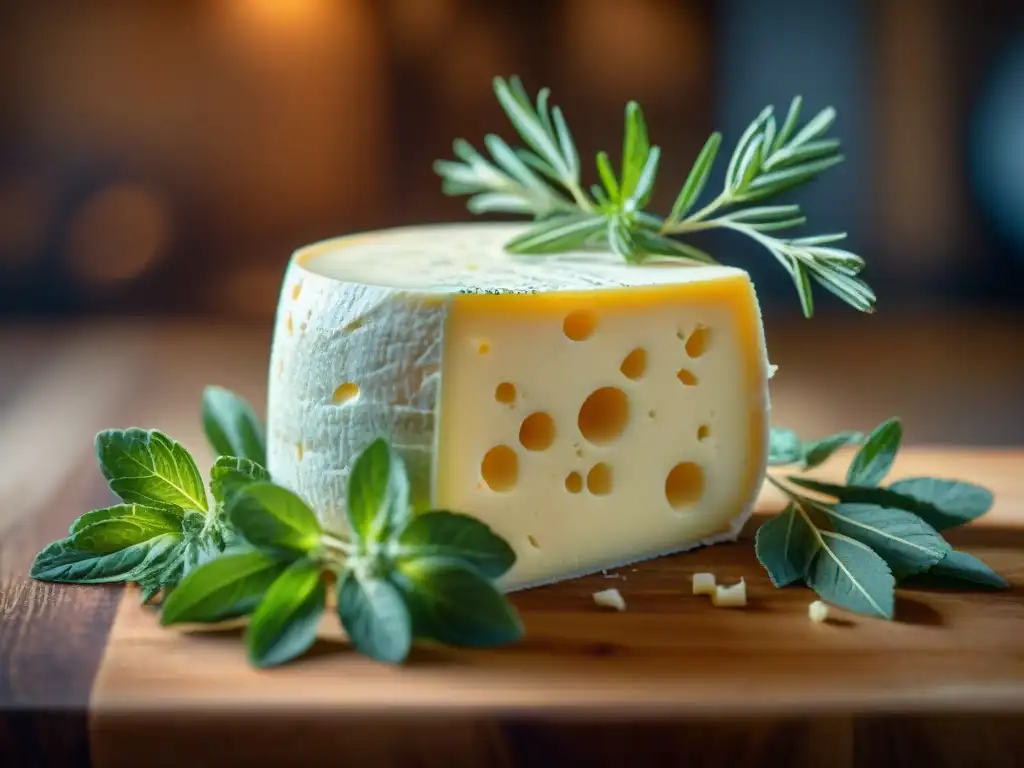 Una rueda de queso Fontina con textura cremosa y agujeros irregulares, rodeada de hierbas frescas en una mesa rústica