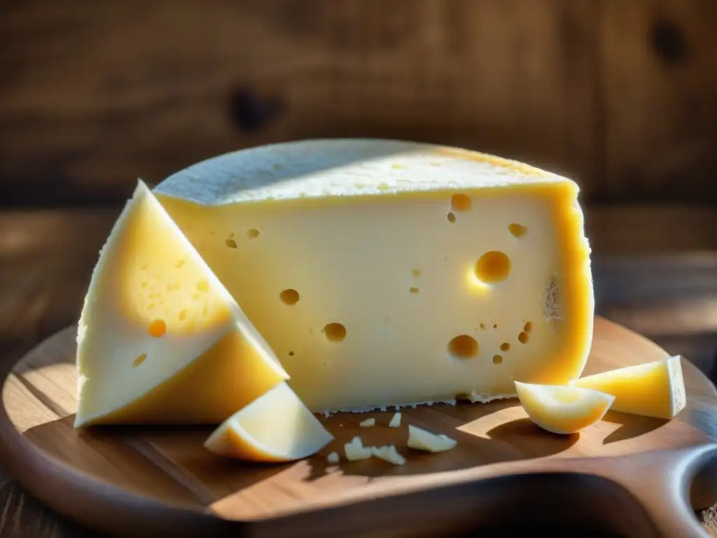 Rueda de queso Grana Padano: Queso italiano tradicional con textura crujiente y dorada en mesa de madera rústica