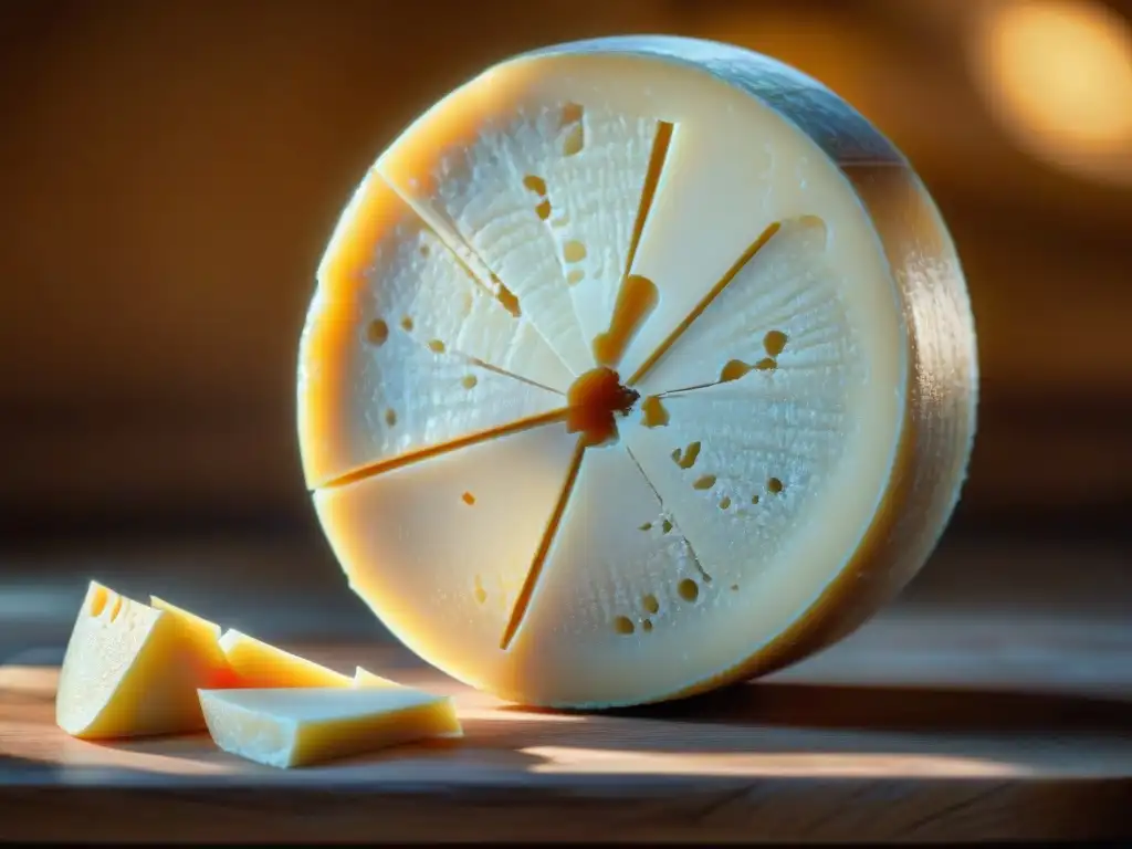 Una rueda de queso Parmigiano Reggiano envejecido, con textura detallada y tonos dorados