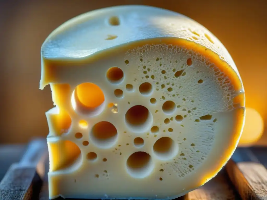 Una rueda de queso Parmigiano Reggiano en detalle: corteza dorada y cremoso interior salpicado de cristales de sal