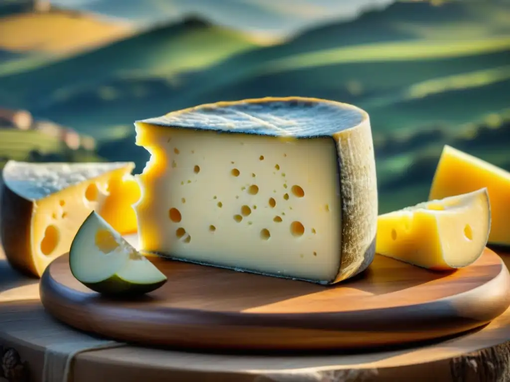 Una rueda de queso Pecorino Sardo con textura, ojos y tonos marfil y amarillo, evocando la artesanía y paisajes de Cerdeña