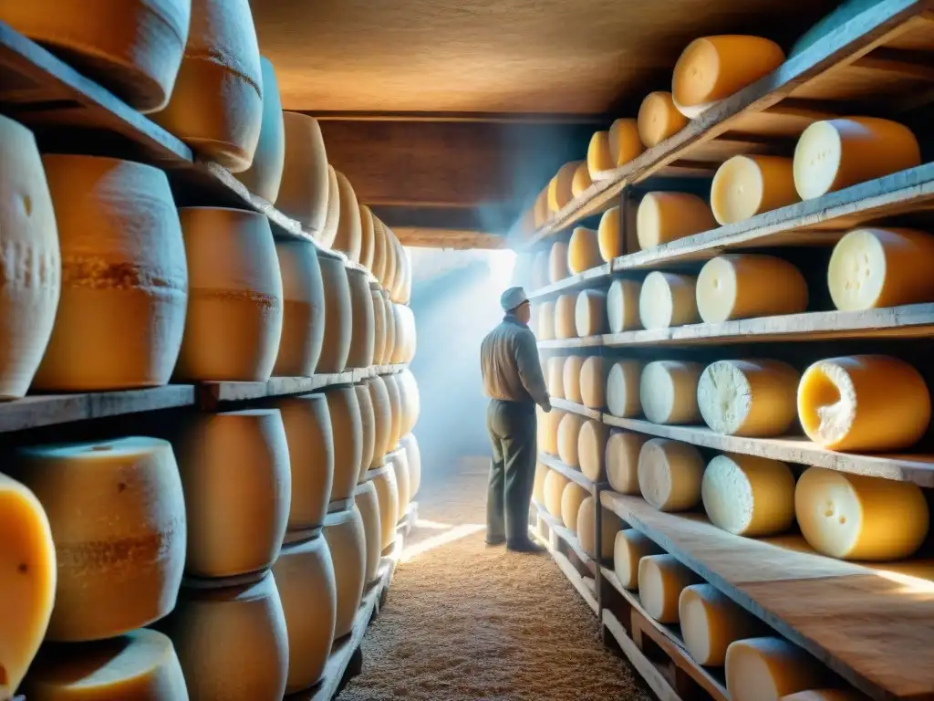 Ruedas de Pecorino Romano envejecido en bodega rústica italiana