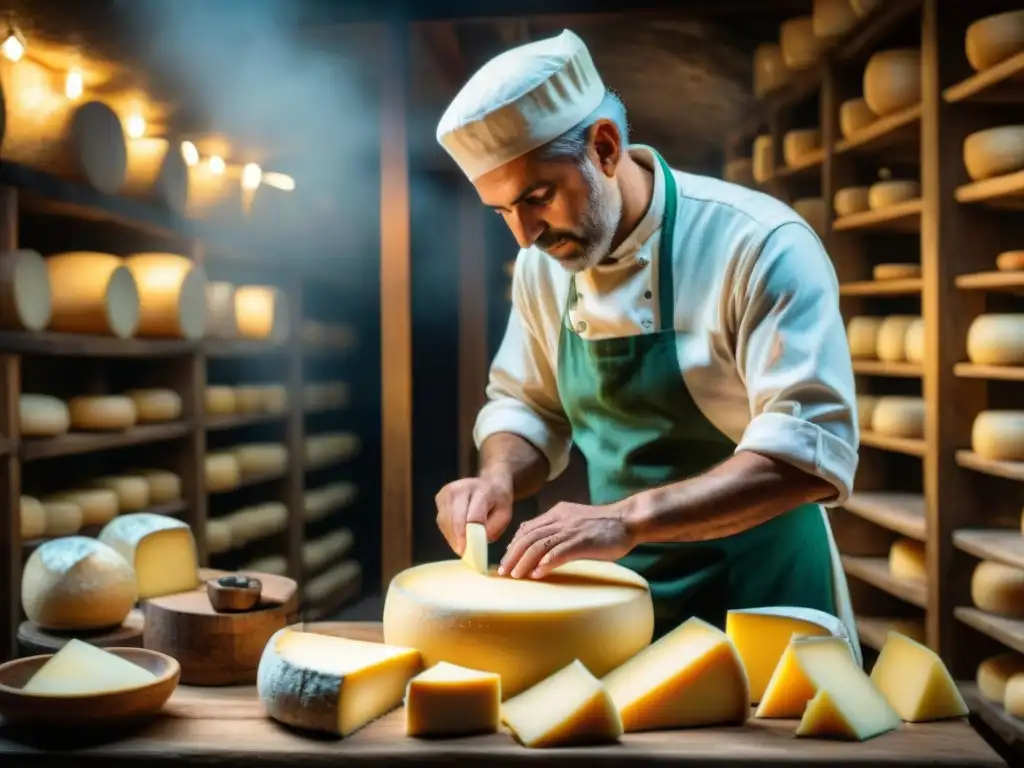 Las rugosas manos de un maestro quesero italiano creando una rueda de Parmigiano Reggiano en una bodega rústica iluminada tenuemente