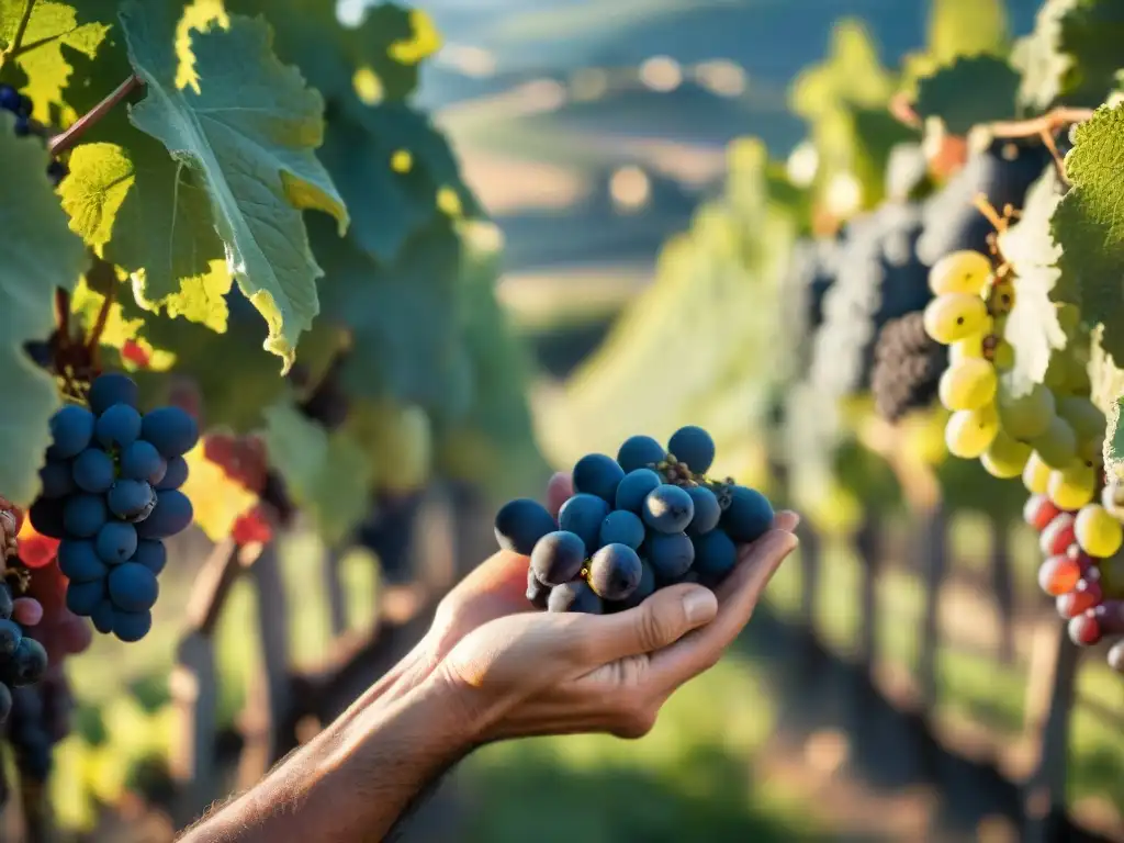 Las rugosas manos de un viticultor italiano sostienen uvas Sangiovese maduras al atardecer, reflejando la pasión y tradición de la vinicultura italiana en Toscana