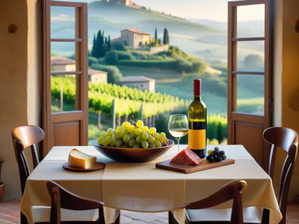 Un rústico banquete italiano con maridajes con Vernaccia di San Gimignano, en una mesa de madera vintage