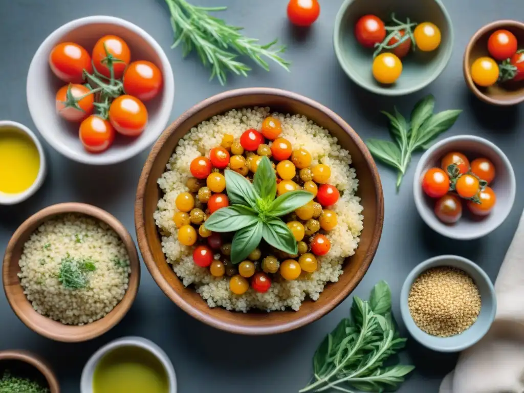 Mesón rústico con cuencos de quinoa italiana y hierbas frescas, tomates y aceite de oliva, recetas saludables