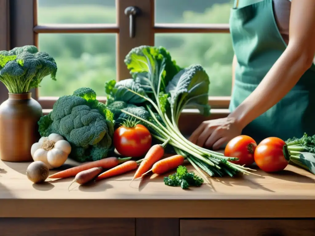 Un rústico escenario de cocina con verduras orgánicas frescas en una mesa de madera