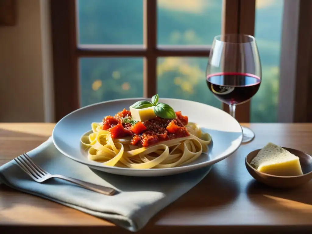 Un rústico maridaje de Lambrusco con platos regionales italianos en una mesa de madera iluminada por el sol