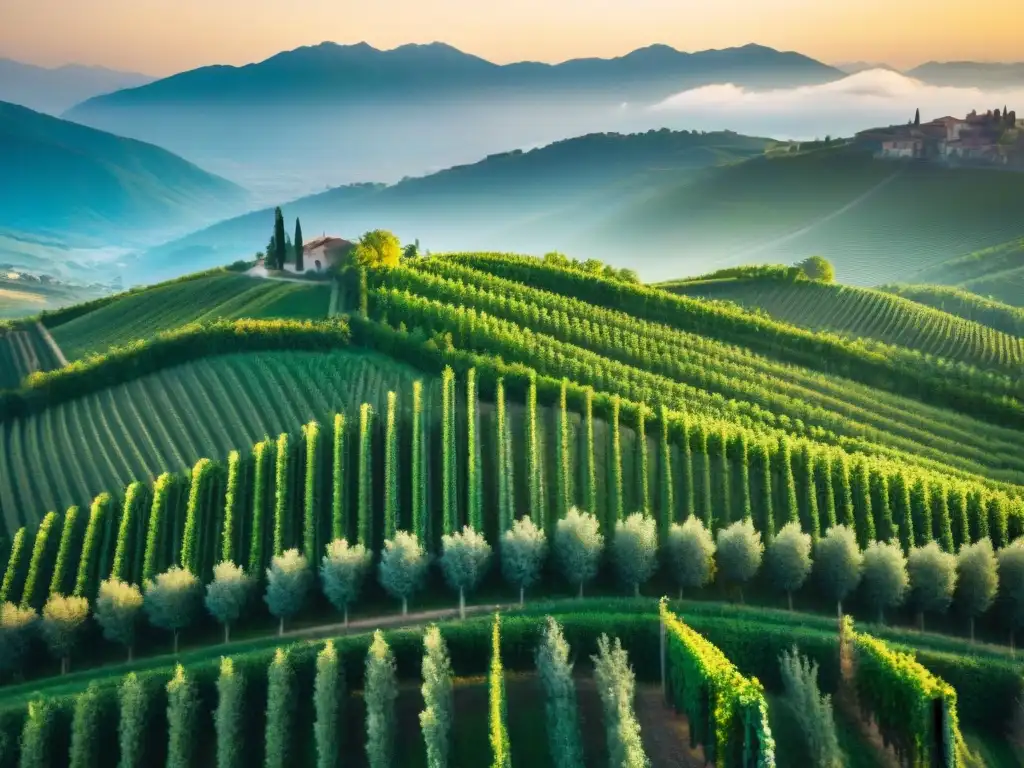 La Ruta del Prosecco en Veneto: viñedos dorados bañados por la luz del atardecer en colinas ondulantes