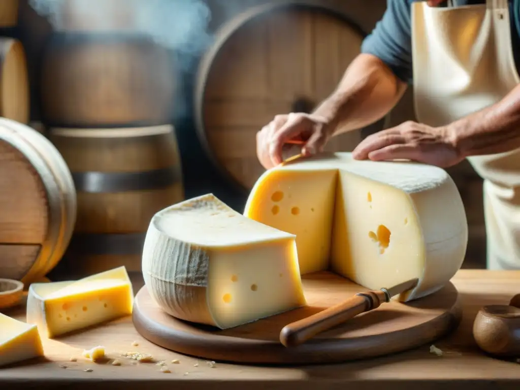 Las sabias manos de un maestro quesero italiano moldean el Parmigiano Reggiano en una tradicional quesería rústica