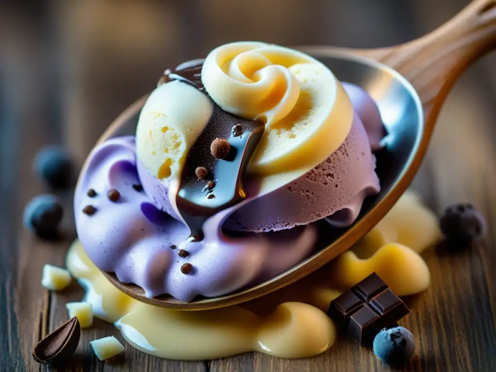 Sabores ocultos en el Gelato: una cucharada con pétalos de lavanda, trozos de chocolate y caramelo, en una gelatería italiana