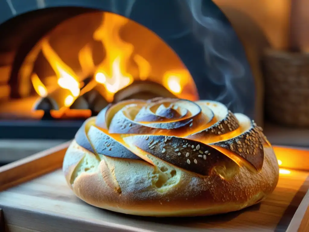 Sabores de platos horneados con leña: horno rústico con llamas danzantes y pan artesanal que se hornea