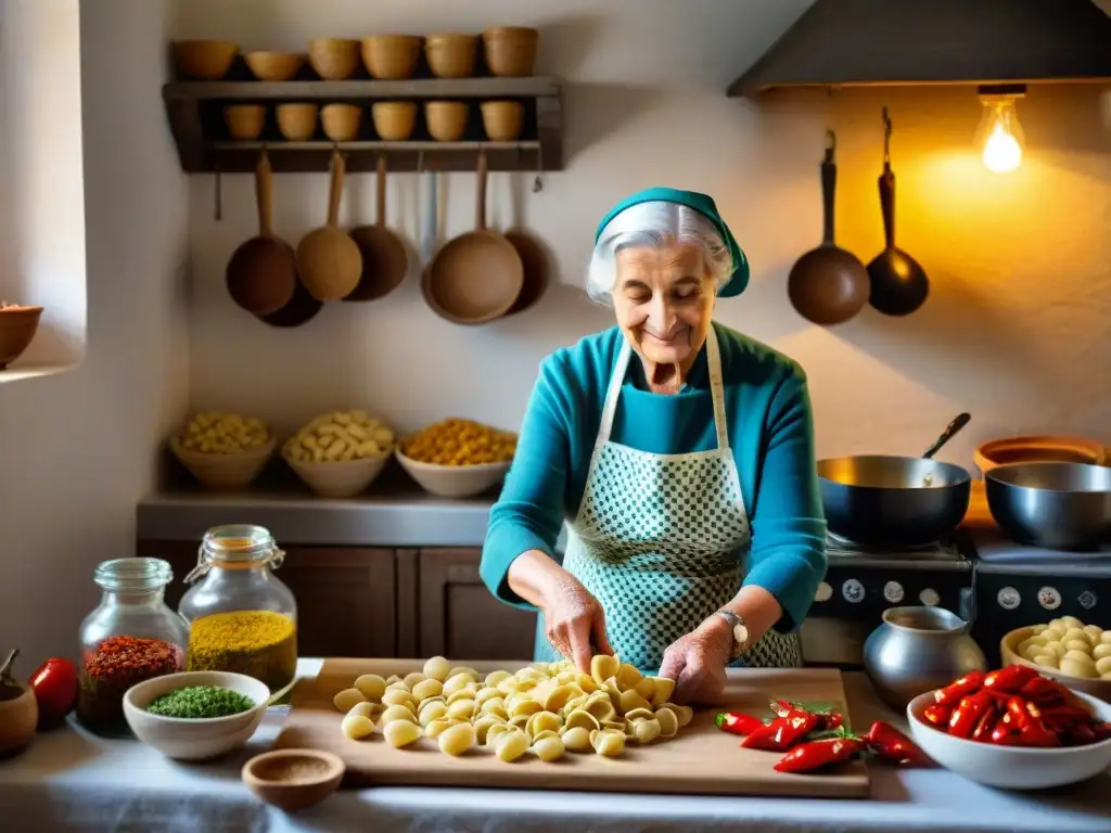 Sabores tradicionales en la cocina italiana de Puglia: Una nonna experta en hacer orecchiette a mano en una cocina tradicional