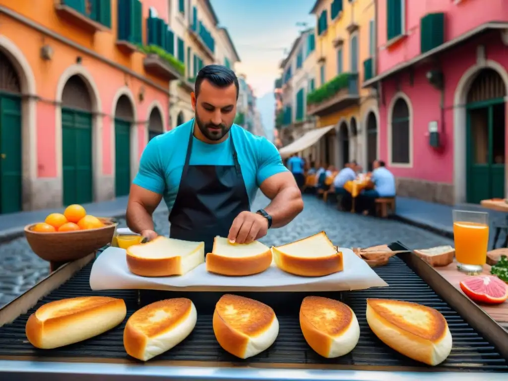 Un sabroso Sándwich mozzarella in carrozza se prepara en una bulliciosa calle de Nápoles al atardecer