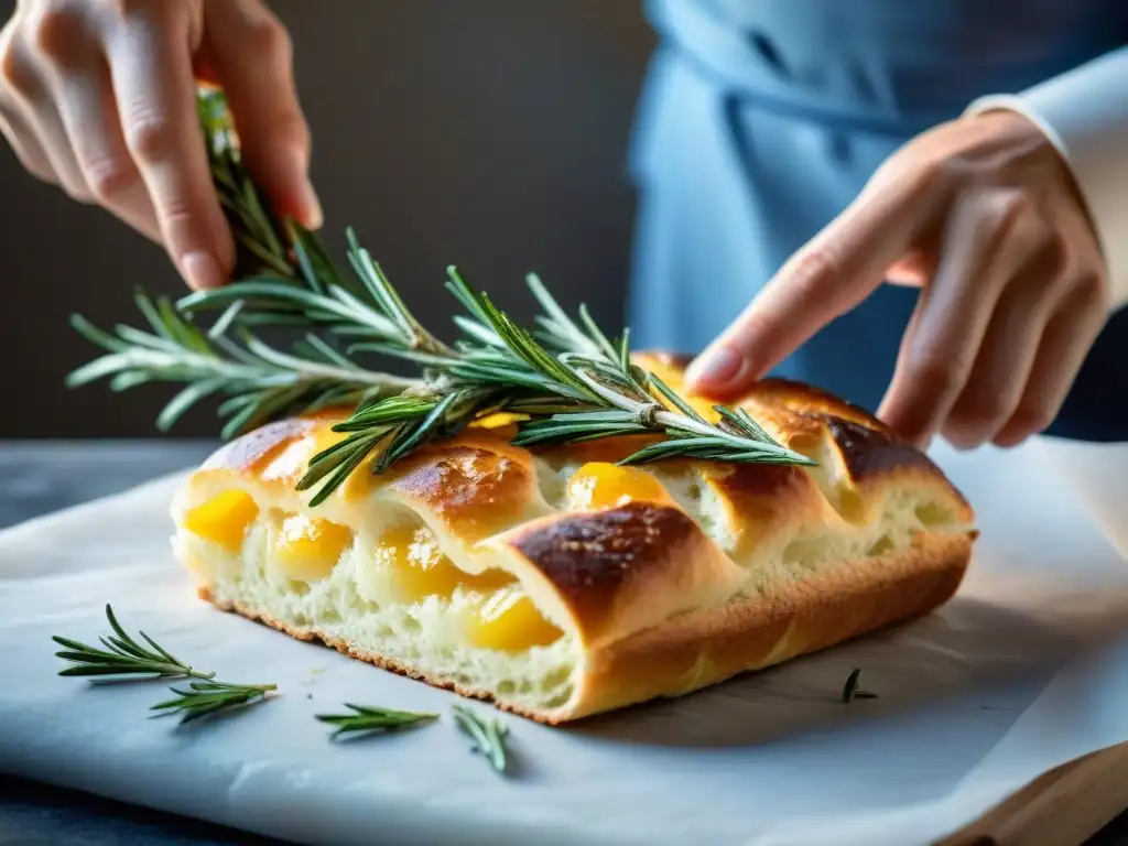 Alessandro Borghese espolvoreando romero y sal marina sobre focaccia recién horneada, detallando el proceso paso a paso de cómo hacer focaccia