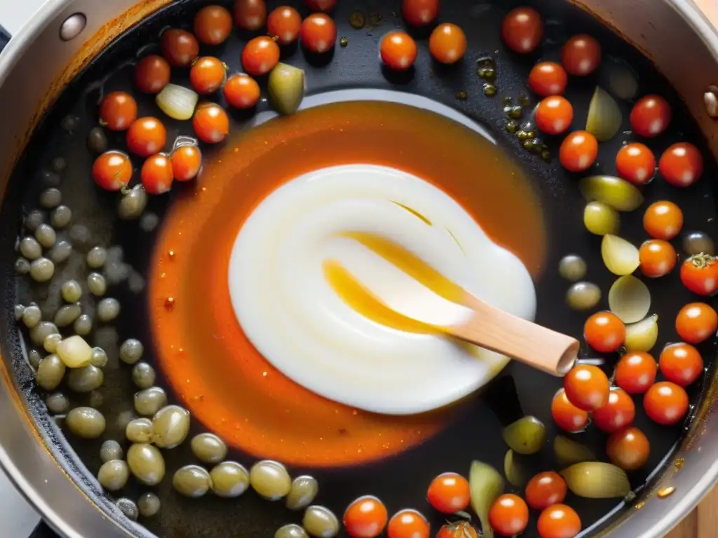 Una salsa agrodolce italiana casera burbujeante en la estufa, destacando los colores vibrantes de los ingredientes