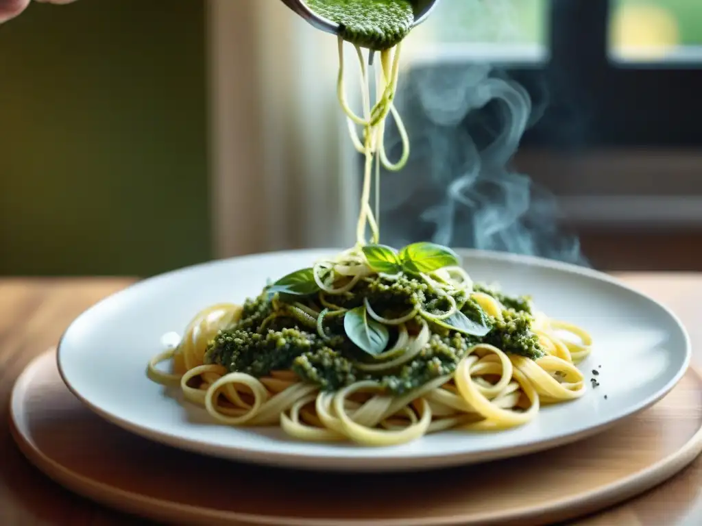 Salsa pesto receta fácil: Deliciosa pasta con pesto verde vibrante, bañada en luz solar, destilando frescura y sabor italiano