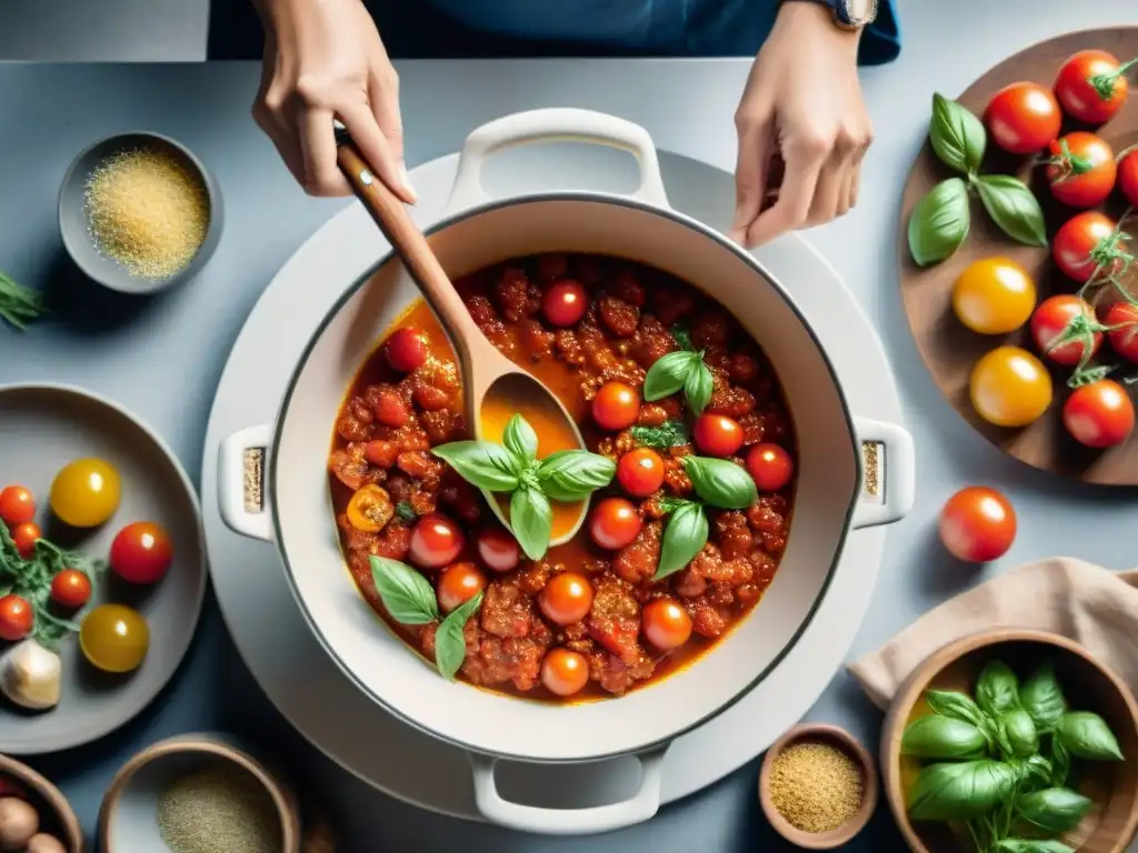 Salsas italianas tradicionales y modernas: Mesa rústica llena de ingredientes frescos, chef removiendo salsa marinara