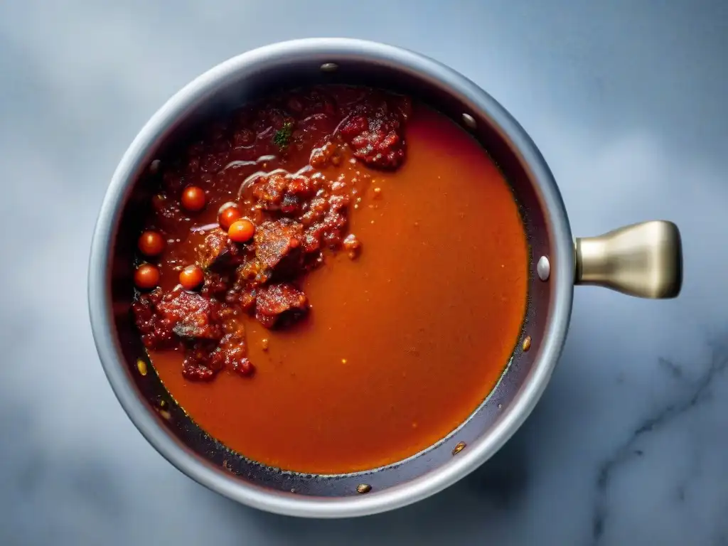 Salsas italianas tradicionales para cocinar: Una olla burbujeante con salsa de tomate rica y aterciopelada en la estufa