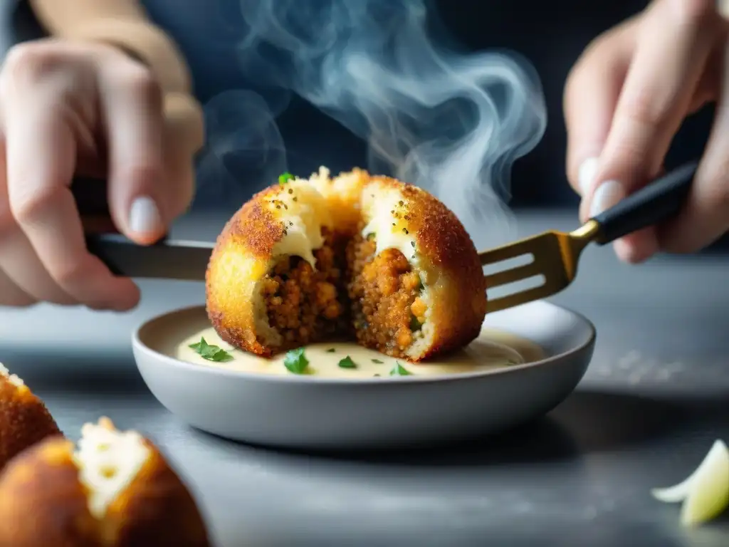 Arancini de Quinoa saludables: Delicado arancini dorado y crujiente, relleno de quinoa, queso y hierbas, exhalando vapor