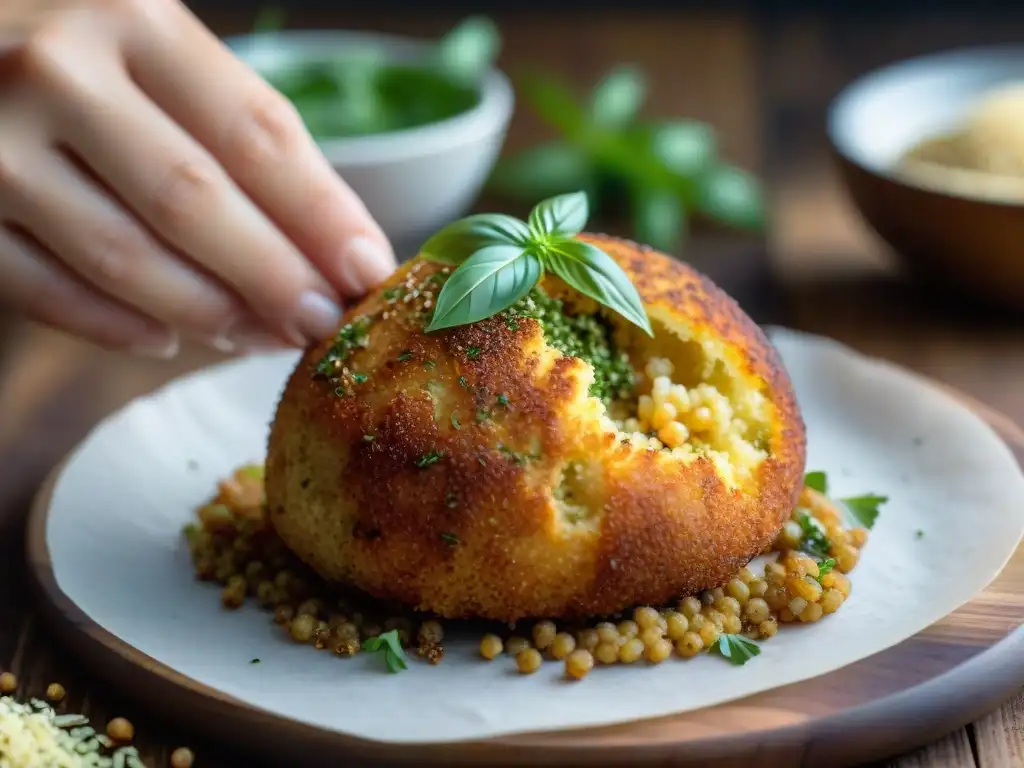 Arancini de Quinoa saludables: Detalle de una mano sosteniendo un Arancini dorado y crujiente, con quinoa esponjosa y vapor aromático