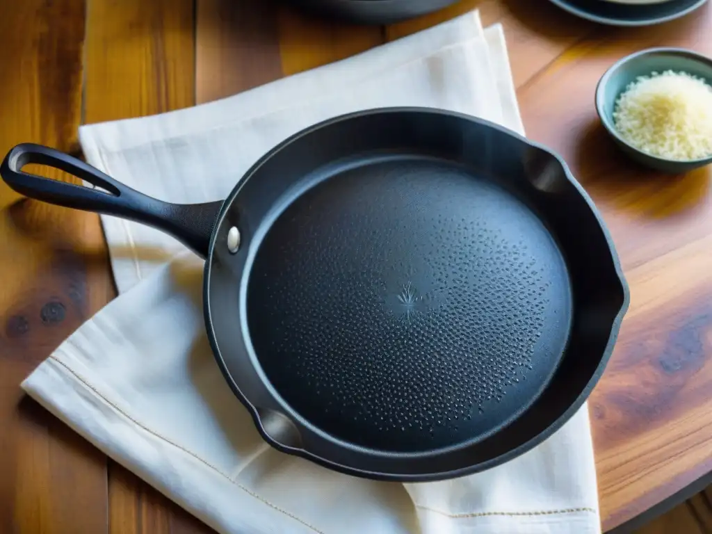 Un sartén de hierro fundido italiano con pátina oscura y patrones de sazón, descansando en una mesa de cocina rústica