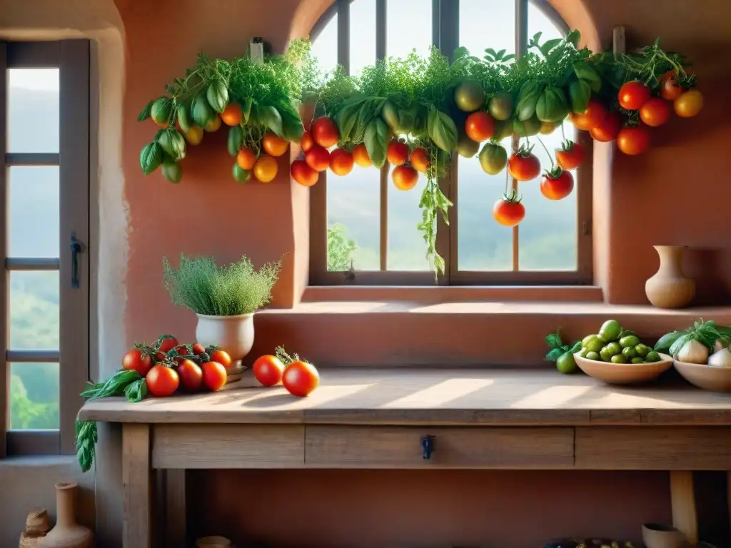 Secado de tomates para cocina italiana: Escena acogedora con tomates rojos colgando, hierbas frescas y utensilios de cocina en una cocina tradicional