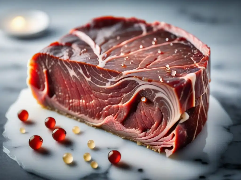 Secreto molecular detrás carpaccio italiano: rebanada de carne cruda marmoleada con gotas de rocío sobre mármol blanco