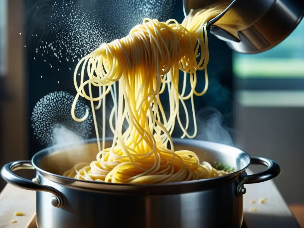 Secreto pasta italiana al dente: pasta cayendo en olla con agua hirviendo, burbujas y vapor, detalle perfecto