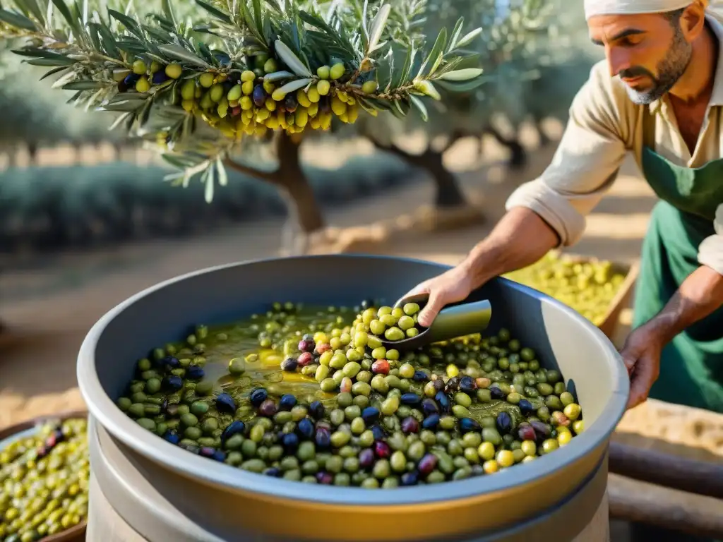 Secretos del aceite de oliva: Artesanos recolectando aceitunas bajo el sol mediterráneo en Italia