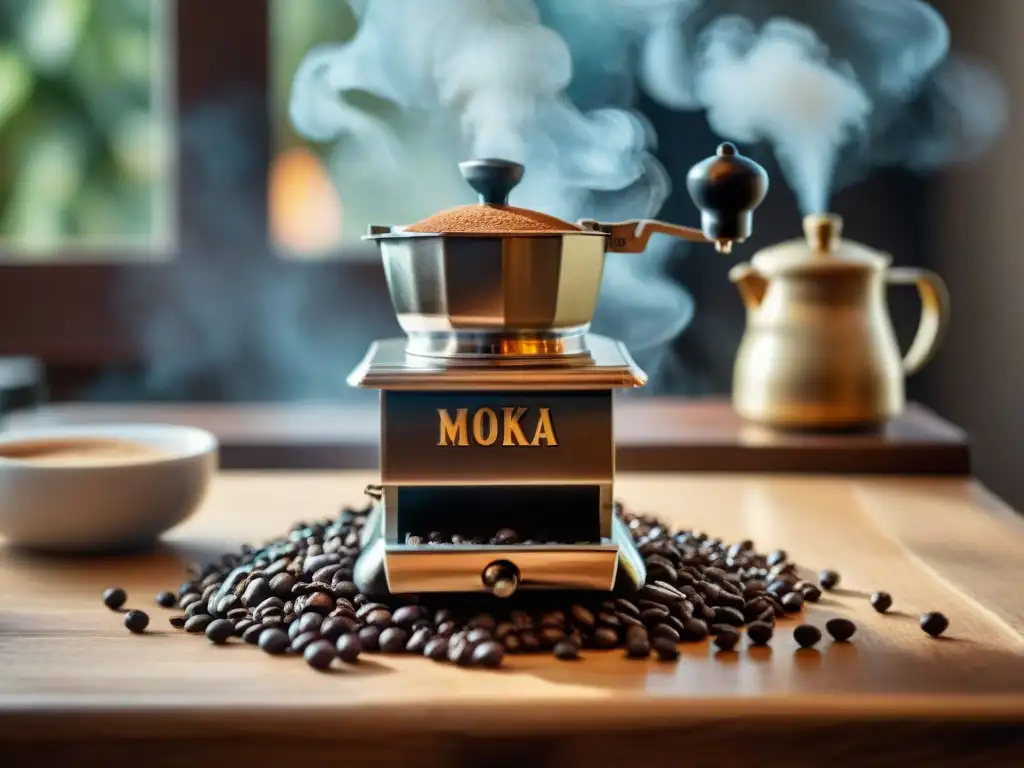 Secretos para preparar café espresso: Detalle de una cafetera Moka en una mesa rústica con granos de café, molinillo y taza de espresso