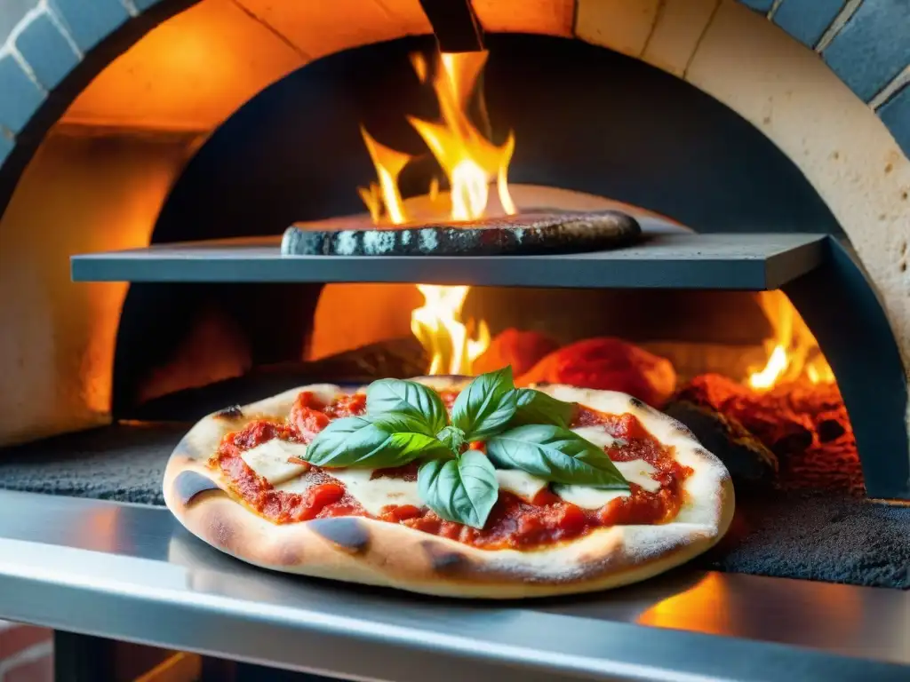 Los secretos para preparar pizza napolitana: pizza entrando en horno de leña con queso burbujeante, salsa de tomate fresco y albahaca