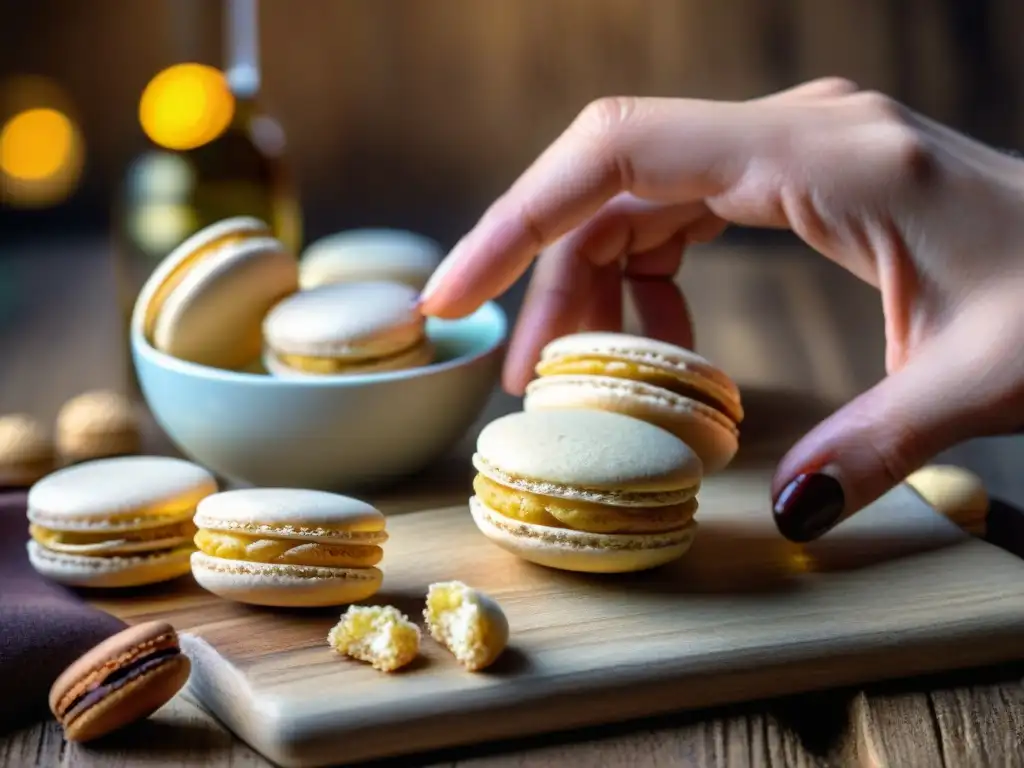 Secretos del macarrón italiano tradicional: mano sostiene elegante macarrón amaretti sobre mesa rústica con vino dulce