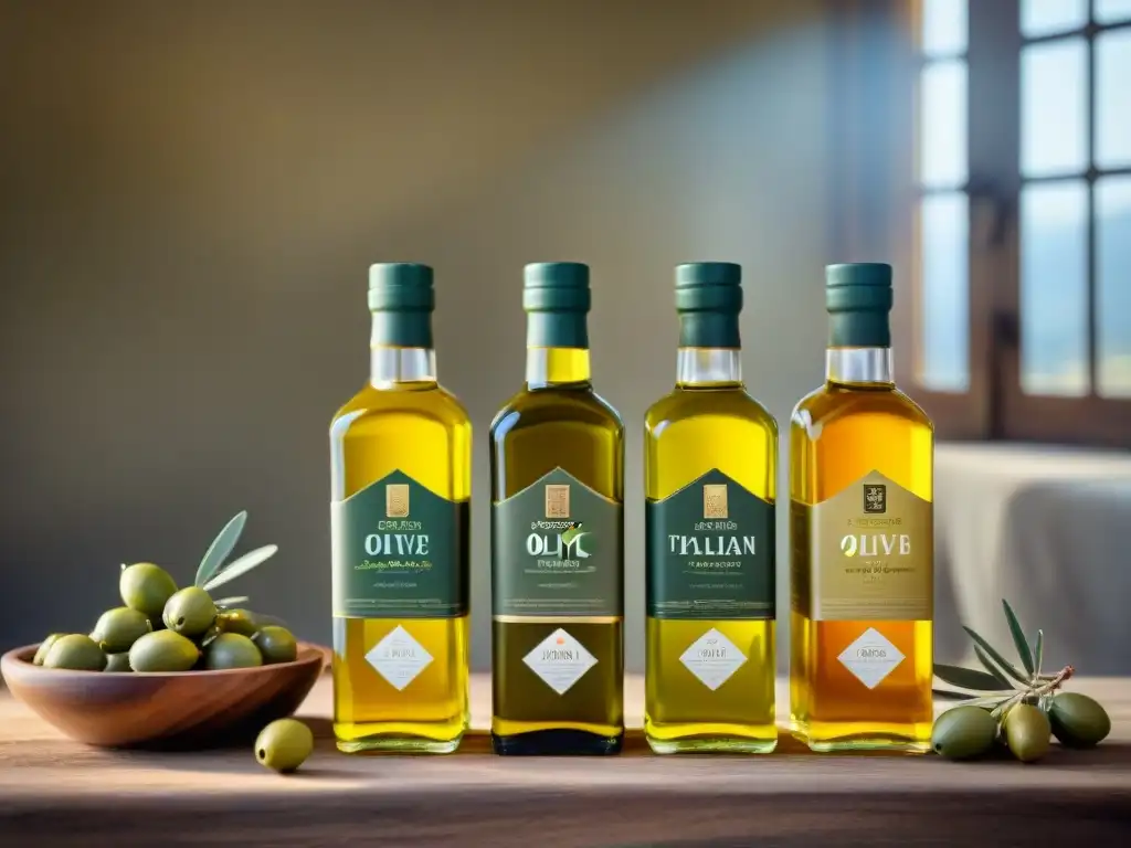 Selección excepcional de los mejores aceites de oliva premiados de Italia en botellas adornadas en mesa de madera rústica