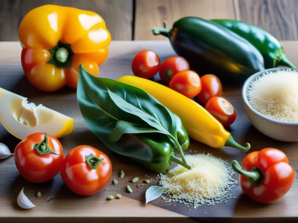 Una selección fresca y vibrante de ingredientes italianos en una mesa rústica